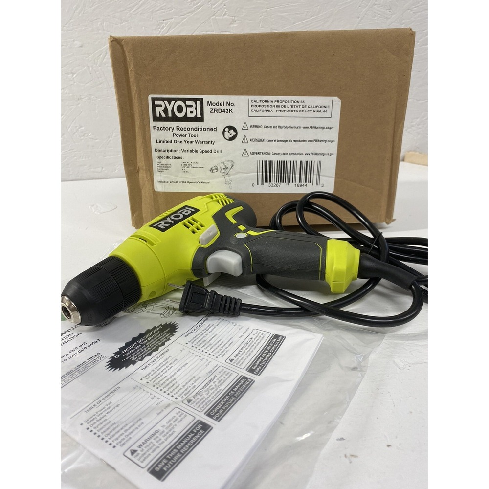 Ryobi 3/8 Inch Corded Drill  4.5 Amp Variable Speed Trigger D43K  Keyless Chuck